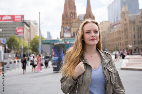 Female Tourist Walking Near Federation Square Melbourne