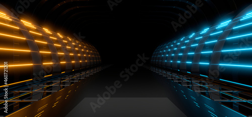 Fototapeta Naklejka Na Ścianę i Meble -  Sci Fy neon lamps in a dark corridor. Reflections on the floor and walls. 3d rendering image.