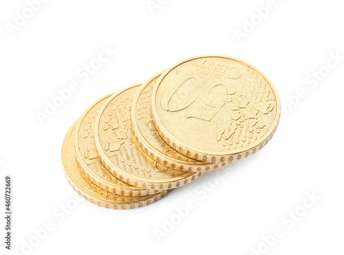Golden coins on white background