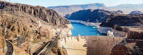 Hoover Dam in the Black Canyon of the Colorado River view from the Mike O'Callagham-Pat Tillman Memorial Bridge, panorama