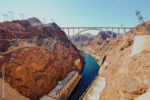 The word's biggest arch bridge - Hoover Dam bridge connects Arizona and Nevada. View from dam walkway