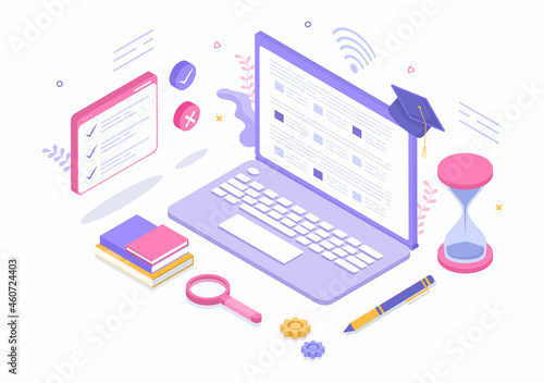 Online Testing Background Vector Illustration With Checklist, Taking Exam, Choosing Answer, Form, E-learning and Education Concept