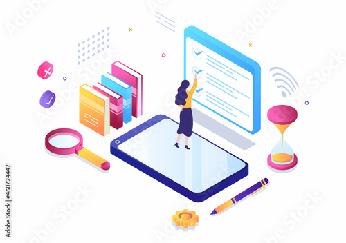 Online Testing Background Vector Illustration With Checklist, Taking Exam, Choosing Answer, Form, E-learning and Education Concept