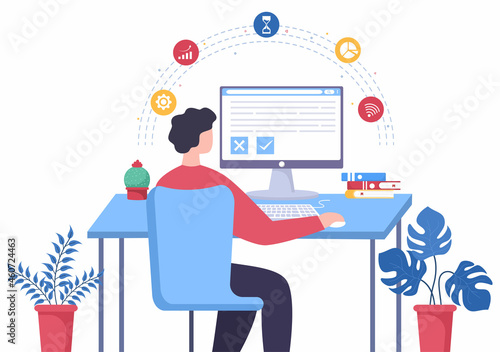 Online Testing Background Vector Illustration With Checklist, Taking Exam, Choosing Answer, Form, E-learning and Education Concept