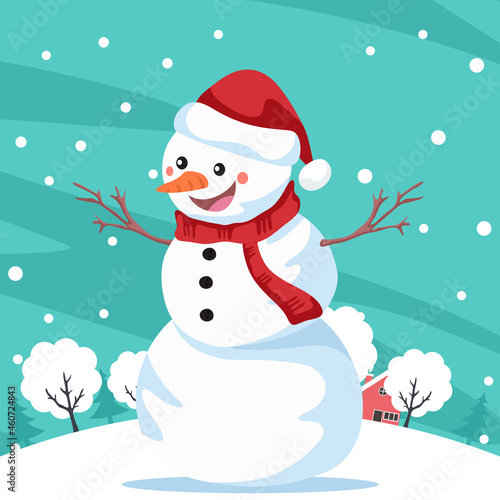 Background with smiling snowman over landscape with snowflakes
