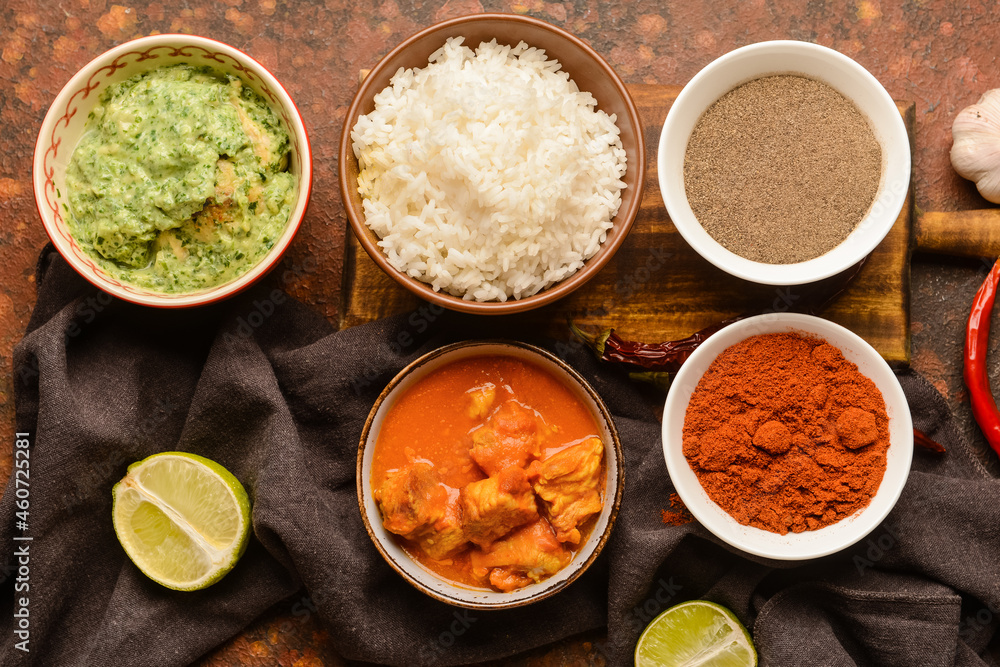 Traditional Indian food and spices on color background Traditional Indian food and spices on color background