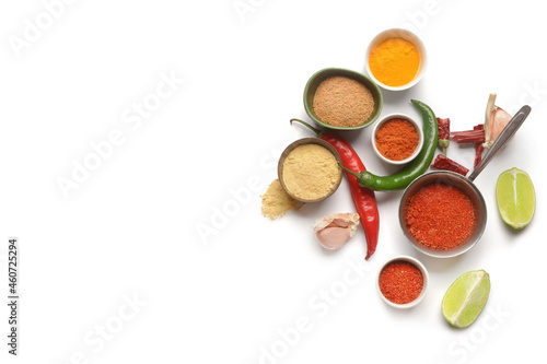Traditional Indian spices on white background