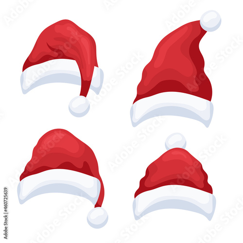 Set of small red Christmas hats on white background