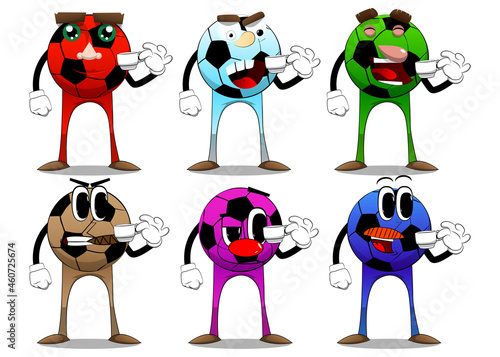 Soccer ball drinking coffee. Traditional football ball as a cartoon character with face.