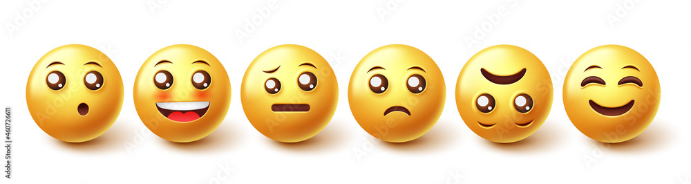 Emoji characters vector set. Smiley emojis 3d character with cute face reaction collection isolated in white background for emoticon faces design elements. Vector illustration.
