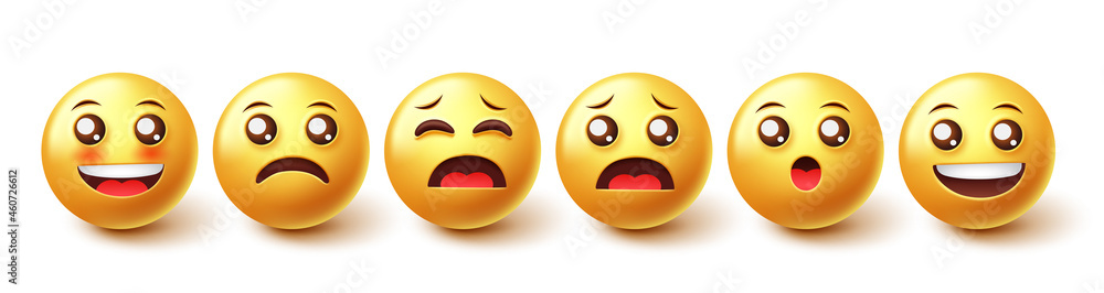 Fototapeta premium Smileys character vector set. Smiley emojis in 3d graphic design with cute facial expressions of happy and sad face reactions isolated in white background. Vector illustration. 