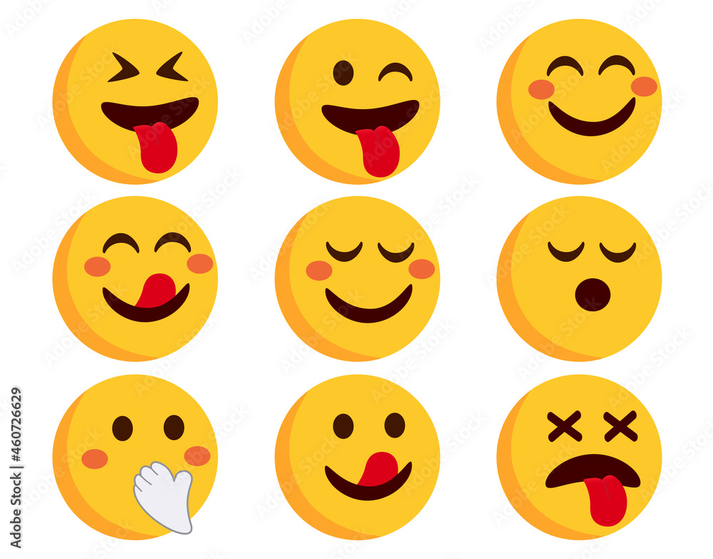 Emoji emoticons vector set. Smileys flat characters in blushing, crazy and happy emoticon side view face reaction isolated in white background for character expression collection. Vector illustration. Emoji emoticons vector set. Smileys flat characters in blushing, crazy and happy emoticon side view face reaction isolated in white background for character expression collection. Vector illustration.