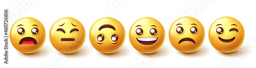 Smileys character vector set. Emojis emoticon characters in facial reaction emotion isolated in white background for 3d emoji expressions design collection. Vector illustration.
