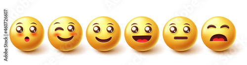 Emoji characters vector set. Smileys emoticon 3d character in happy and smiling reactions in yellow face design for emojis facial expression collection. Vector illustration. 
