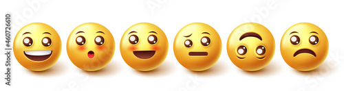 Emoji smileys character vector set. Smiley 3d characters with cute blushing, confused and happy emojis face in graphic design for facial expression emoticon collection. Vector illustration. 