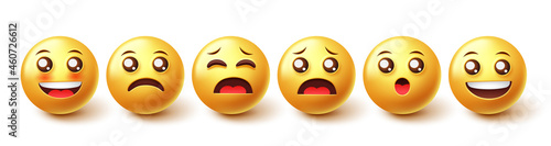 Smileys character vector set. Smiley emojis in 3d graphic design with cute facial expressions of happy and sad face reactions isolated in white background. Vector illustration.
