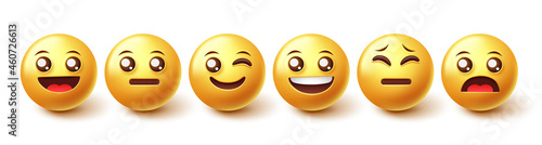 Emoji characters vector set. Smiley emoticons happy, jolly and sad expression in yellow face element for smileys facial collection isolated in white background. Vector illustration.
