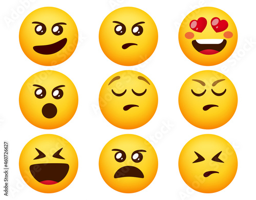 Emoji angry smileys emoticon vector set. Emoticons emojis with angry, upset and wicked facial expression isolated in white background for character emotion collection design. Vector illustration. 