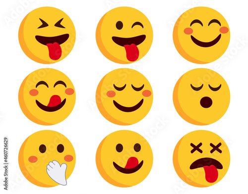 Emoji emoticons vector set. Smileys flat characters in blushing, crazy and happy emoticon side view face reaction isolated in white background for character expression collection. Vector illustration.