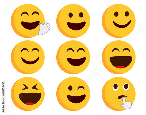 Emoticon flat smileys vector set. Emoticons character in happy, smiling and laughing expressions with hand gestures of waving and thinking for emoji collection design. Vector illustration.
