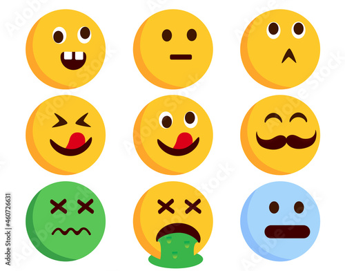 Emoticon smileys character vector set. Emoticons flat characters in crazy, sick, vomit and weird facial expressions for funny emoji smiley collection design. Vector illustration.
