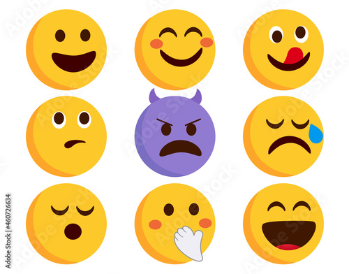 Emoji emoticons character vector set. Smileys flat emojis with smiling, devil and crying characters isolated in white background for facial expression collection. Vector illustration. 