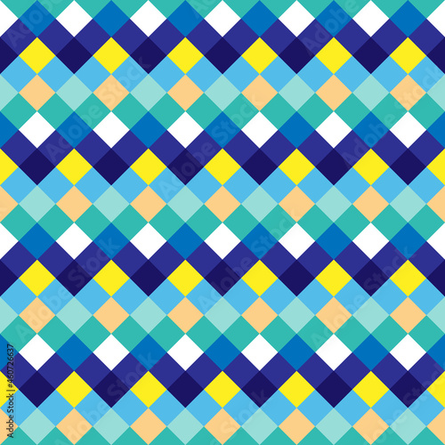 Simple abstract geometric seamless pattern. Bright colorful diamonds of white, yellow, orange, green, turquoise and blue. Square, rhombus, diamond ornament for web, textile, paper design