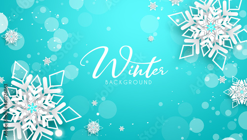 Winter vector background design. Winter typography text with decorative snowflakes art and bokeh lights elements in blue space for snowy season ornament decoration. Vector illustration.

