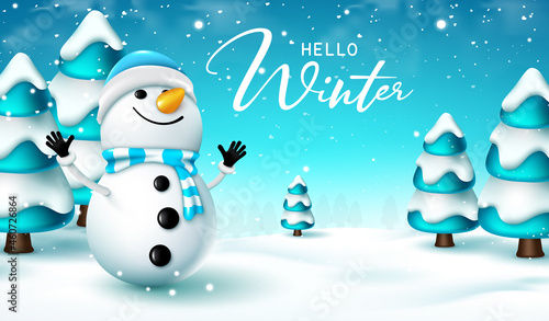 Winter character vector design. Hello winter greeting text with cute snowman and fir trees in snow forest for cold season celebration. Vector illustration.
