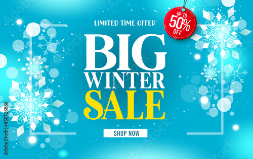 Winter sale vector template design. Big winter sale limited time offer text up to 50% off discount in tag element for snow season shopping promotion ads. Vector illustration.
