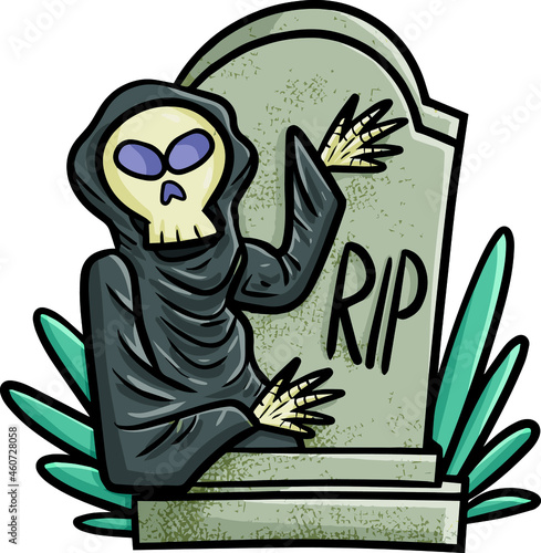 Tombstone with dark skeleton in front of it