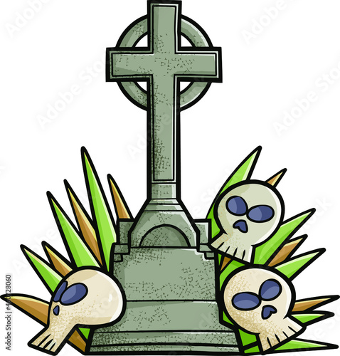 Tombstone with a skeleton holding it from behind