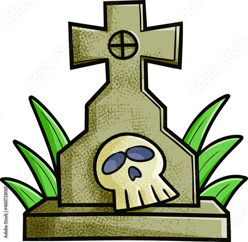 Tombstone with a skull on it in cartoon style