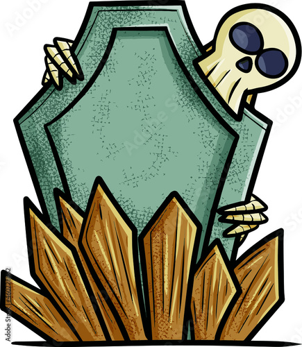 Tombstone with a skeleton holding it from behind