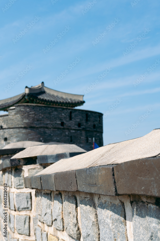Naklejka premium Hwaseong Fortress Korean traditional architecture in Suwon, korea