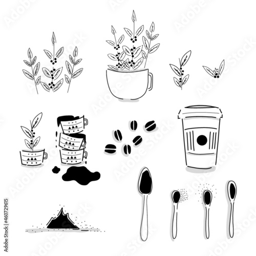 Vector illustration of coffee, coffee plants, ground coffee and coffee beans. Simple Hand-drawn coffee icon set. 