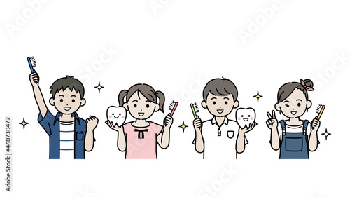 歯磨きをする元気な子供たち　小学生　歯ブラシを持つ　チャレンジ　イラスト素材
