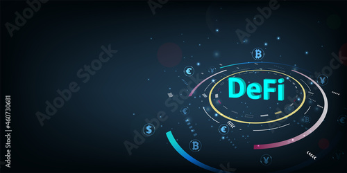 Decentralized finance(DeFi) banner concept.Composition of cryptocurrency with decentralized finance 3D Rendering vector on dark blue background. 