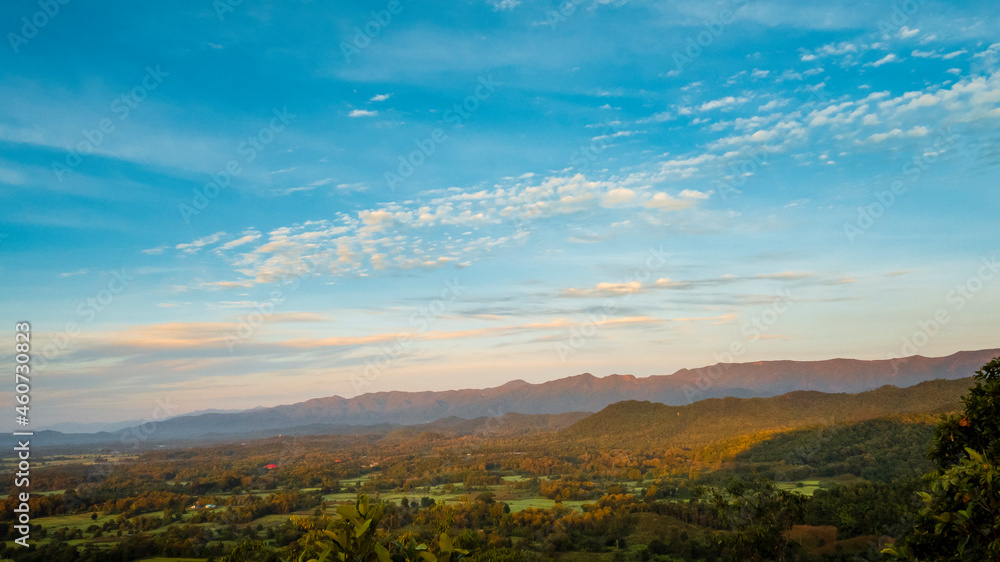 Beautiful landscape mountain green field grass meadow white cloud blue sky on sunny day. Majestic green scenery big mountain hill cloudscape valley panorama view in countryside greenery pasture