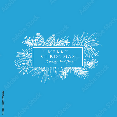 Christmas magic card with fir and pine branches and cones. Rectangle frame. Botanical illustration . Vector winter logo. Engraving style. Skyblue and White background.