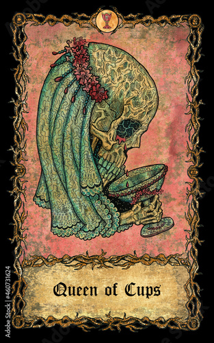 Queen of cups. Minor Arcana tarot card with skull over antique background.