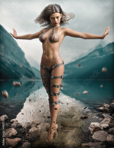 Portrait of a levitating exotic fantasy female druid sorcerer with long brown hair displaying her explosive magical power.Fantasy illustration with a lake and mountainous background. 3d rendering