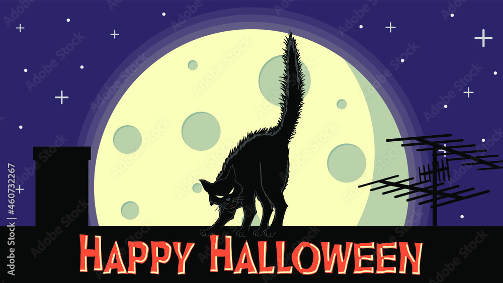 Halloween vector illustration. Spooky black cat on the rooftop with ...