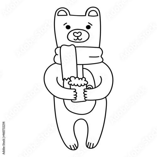 Christmas polar bear in a scarf with a mug of cocoa for postcards