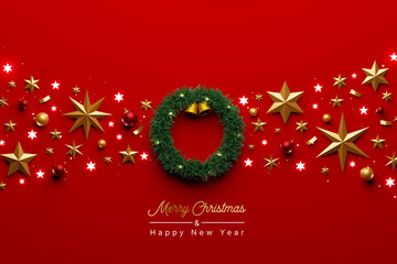Top view of christmas ornament gold stars and christmas ball bauble  and christmas wreath with bell on luxury red background. 3d rendering illustration