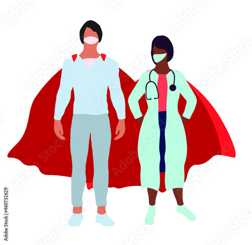 Super doctor  wearing medical masks and capes. Super doctor concept illustration. Male and female doctors wearing masks with superhero cloaks, Real heroes, Coronavirus outbreak. Hospital medical staff