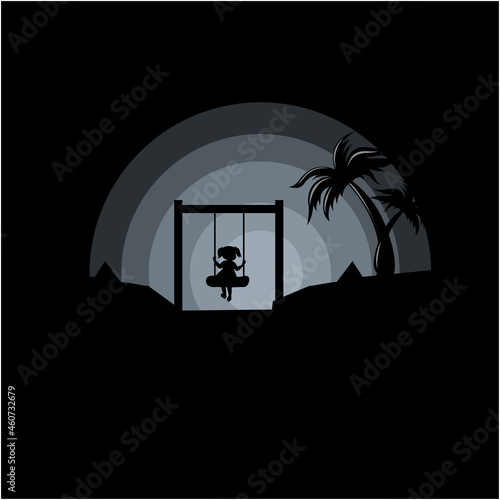 silhouette illustration of a girl sitting on a swing vector