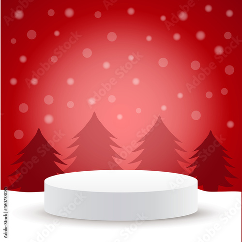 merry christmas and happy new year stage pedestal or platform, geometry podium shape for show product display, Abstract minimal mock up scene, winter christmas background with tree xmas. 3D vector