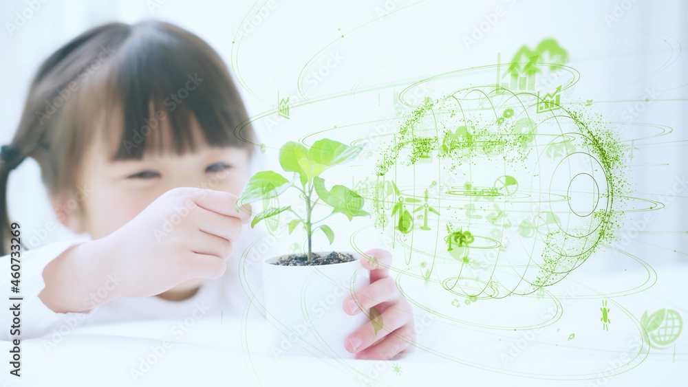 植物を見る少女　環境イメージ　サステナブル　SDGs - obrazy, fototapety, plakaty 