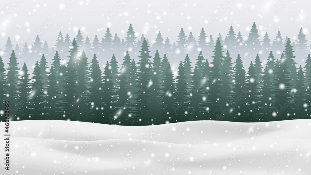 Fototapeta premium Winter Christmas background with pine forest, snowfalls, snowflake and, snowdrift. Beautiful shining snowfalls vector Illustration. Design of backdrop, banner, poster, newsletter, advertisement, sale.